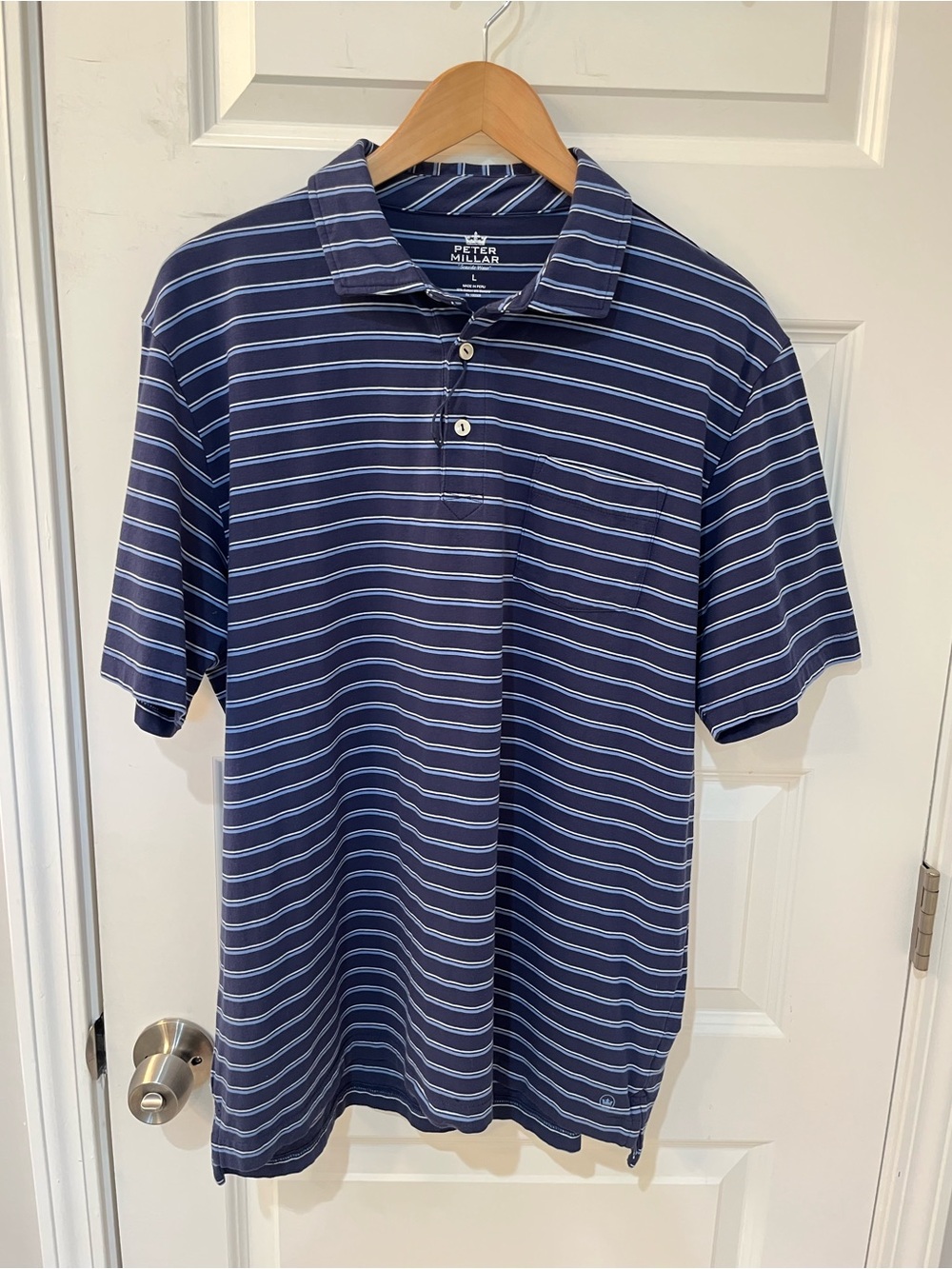 Peter Millar Seaside Wash Polo Shirt Mens Navy Striped Chest Pocket Golf Sz. L